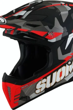 Suomy X-Wing Camouflager E06 Zwart Grijs Rood Crosshelm Hoge Kwaliteit